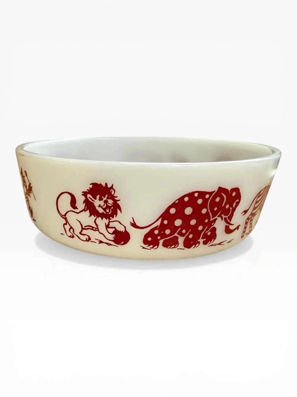 Vintage Hazel-Atlas Milk Glass Bowl Featuring A Red Circus Animal Pattern